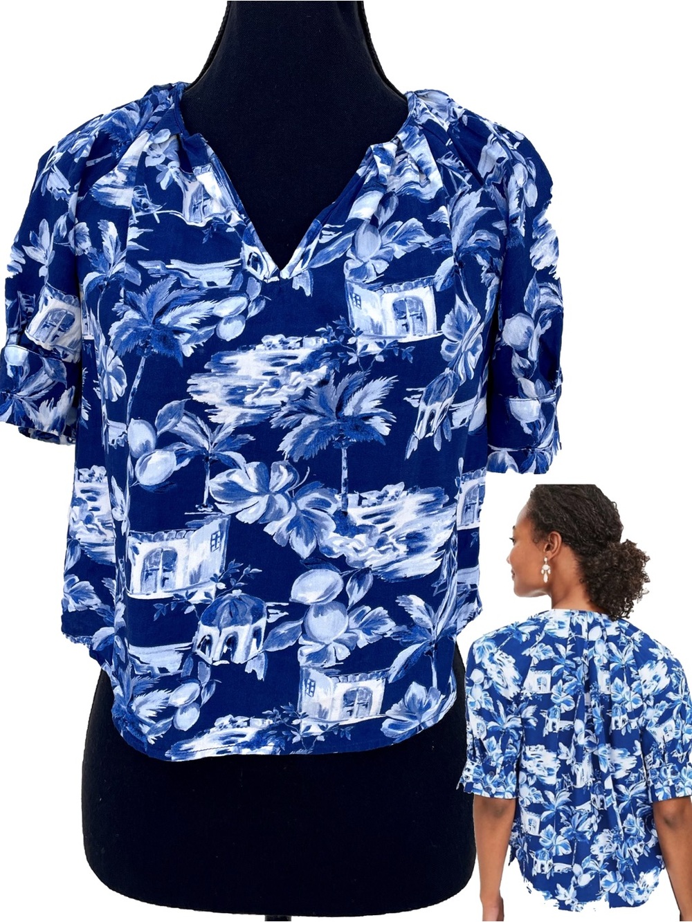 Loft‎ XXSP Tropical Ocean Blue Nautical Sailing V-Neck Beach Cruise Blouse GUC